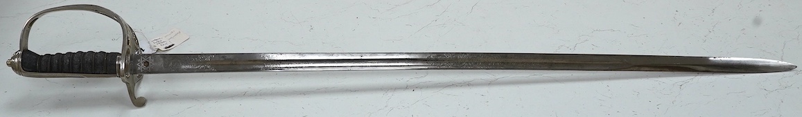 A George VI Royal Artillery officer’s sword, regulation etched blade and plated triple bar guard, blade 85.5cm. Condition - good